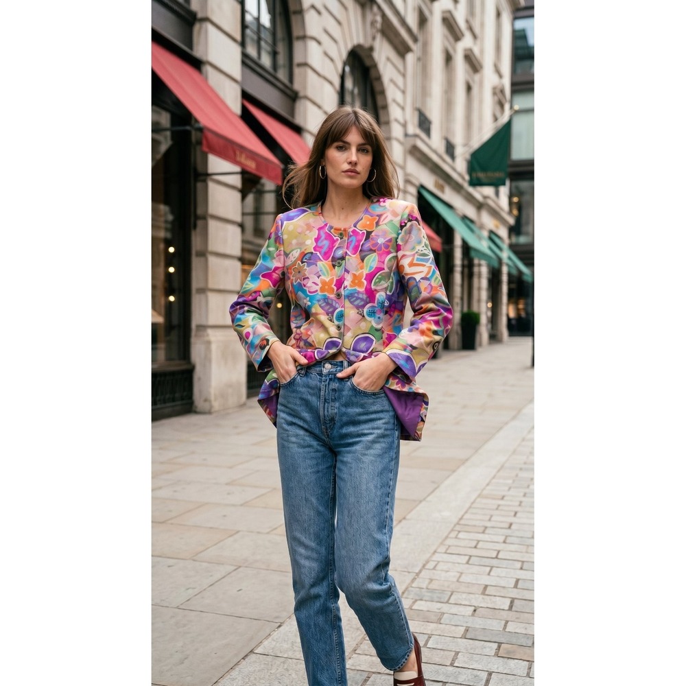 Vibrant Vintage 90s Rainbow Floral Pattern Jacket‎  M Wearble Art